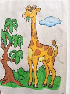 a child's drawing of a giraffe standing in front of a tree