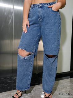 Lasaky - Womens Plus Size Distressed High Rise Wide Leg Denim Pants: Fashionably Comfortable Plus-Sized Y2K-inspired Casual Jeans Plus Y2k, Casual Wide Leg Jeans, Plus Size Y2k, Wide Leg Denim Pants, Jeans Casual, High Rise Denim, Wide Leg Denim, Y2k Style, Casual Jeans