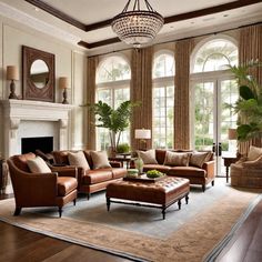 a living room filled with furniture and a fire place in front of two large windows