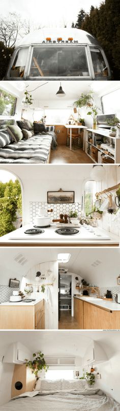 the inside of a camper that has been converted into a kitchen and living area