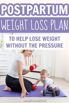 a woman and baby playing with dumbbells on the floor