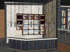 a drawing of a bar with bottles on the wall and shelves in front of it