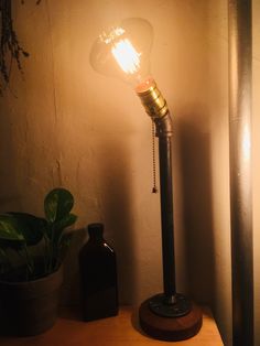 a lamp that is sitting on top of a table next to a potted plant