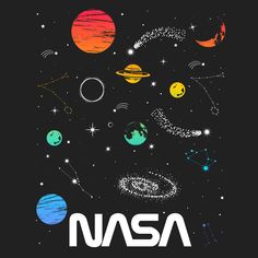 the nasa logo with planets and stars in the background on a black t - shirt