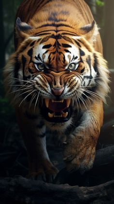 a tiger is walking through the woods with its mouth open and it's teeth showing