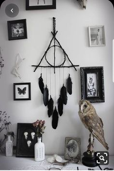 an owl is sitting on a table next to some pictures and other things that are hanging from the wall