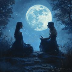 two women sitting on the ground in front of a full moon