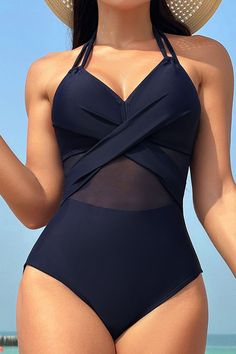 Features: Tied Chest pad: Removable padding Underwire: No underwire Stretch: Highly stretchy Material composition: 82% nylon, 18% spandex Care instructions: Machine wash cold. Tumble dry low. Imported Size Bust Waist HIP Top Length S 27.6 24.8 29.9 - M 29.1 26 31.5 - L 31.5 29.1 33.9 - XL 33.1 29.9 35.4 - 2XL 33.9 31.5 37.4 - Strappy Nylon Swimwear With Built-in Bra, Solid One-piece Swimwear With Crisscross Straps, Crisscross Lined Swimwear For Pool, Cross-tied Swimwear For Swimming, Blue Nylon Swimwear With Built-in Padding, Crisscross Lined Swimwear For The Pool, Solid Nylon Strappy Swimwear, Stretch Cross-tied Swimwear For Pool, Solid Strappy Nylon Swimwear