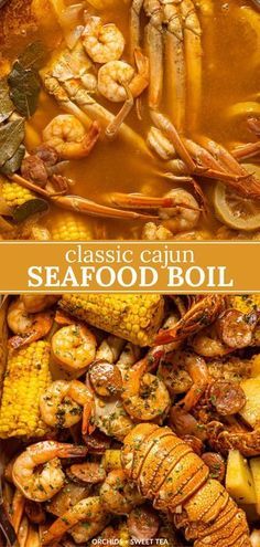 Spice up your kitchen with My Favorite Cajun Seafood Boil. It's packed with bold flavors like Cajun seasoning, and smoky Andouille sausage, and loaded with succulent lobster, shrimp, crab + sweet corn, this dish is a true feast. And don't forget the incredible buttery sauce that drowns and smothers all that hearty goodness! This finger-licking-good recipe is easy to make and perfect for serving a crowd. Gluten-free. | how to make a seafood boil at home | homemade seafood boil | seafood recipes Restaurant Style Seafood Boil, Seafood Boil With Crawfish, Seafood Camping Recipes, New Orleans Seafood Boil, Seafood Boil Oven Recipe, Seafood Boil With Lobster Tails, Seafood Boil With Crab Legs And Shrimp, Lobster Seafood Boil, Cheap Seafood Boil