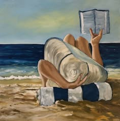 a painting of a man laying on the beach reading a book with his hand up