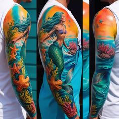 this half sleeve tattoo is very colorful and has an image of a mermaid on it