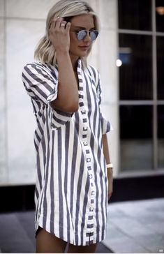 // Long Shirt Tops, Half Sleeve Shirts, Shift Dresses, Half Sleeve Tops, Striped Shirt Dress, Cooler Look, Striped Midi Dress, Casual Stripes, Mode Inspo