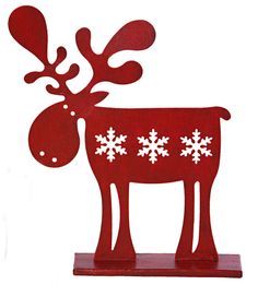 a red metal reindeer with snowflakes on it's antlers