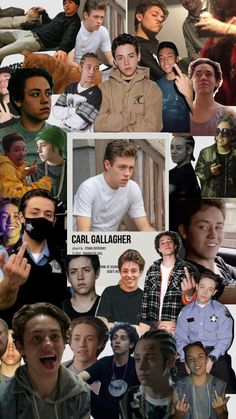 the collage shows many different people and their faces, including one man with his hand up