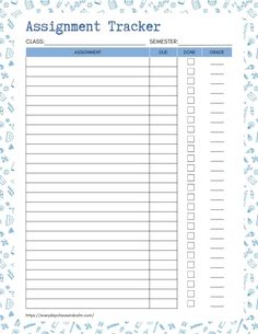 a printable assignment tracker for students