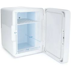 an open white mini fridge with the door wide open and measurements in front of it