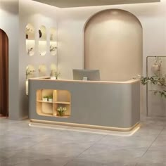 a white reception desk with shelves on the wall and plants in vases behind it