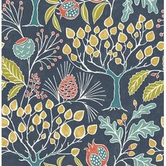 an image of a wallpaper with flowers and leaves on dark blue background, which is very similar to the pattern used in this painting