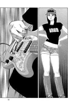 an anime character holding a guitar in her hand and another person standing next to her