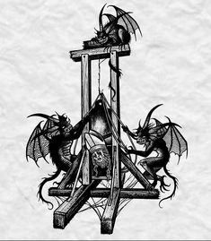 a black and white drawing of a clock tower with two dragon on it's side