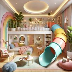 a child's room with a slide in the middle