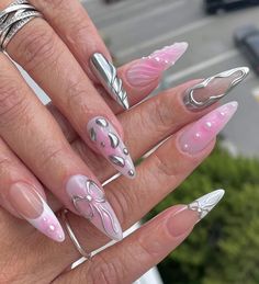 Pink Y2k Nails, Jelly Stickers, Bow Nails, Nails Y2k, Nails Chrome, Y2k Nails, Nails Fake, Pink Y2k, Beach Nails