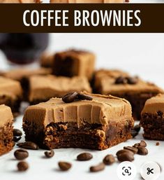 coffee brownies with chocolate frosting on top, surrounded by coffee beans and cinnamons