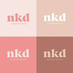 four different logos with the letters nkd and dkd in white on pink,