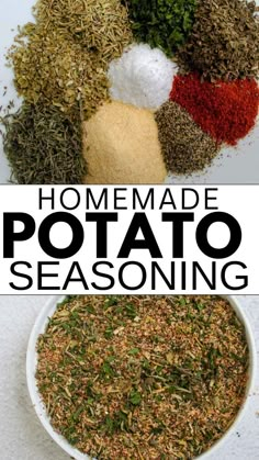 homemade potato seasoning in a bowl with the words homemade potato seasoning above it