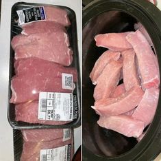 two pictures side by side showing raw meat in an air fryer and the same image with labels on it