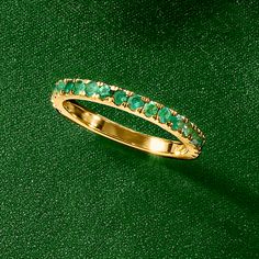 Ross-Simons - .50 ct. t. w. Emerald Ring in 18kt Gold Over Sterling. Size 6. This ring is the perfect gift for a May birthday - or any birthday! Featuring .50 ct. t. w. emerald rounds that look so vibrant in polished 18kt yellow gold over sterling silver. 1/16" wide. Emerald ring. Emerald birthstones are the perfect gift for May birthdays. Emerald And Gold Ring, May Birthdays, Emerald Band, Emerald Birthstone, May Birthday, Ring Emerald, Gold Rings, Emerald