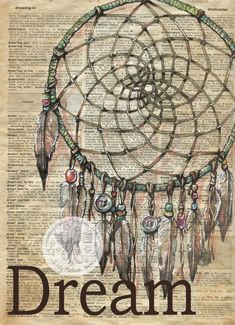 an old book page with a drawing of a dream catcher and the words dream written on it