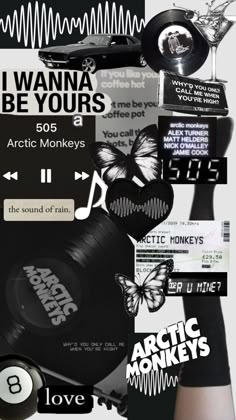 an advertisement for arctic monkeys featuring various items