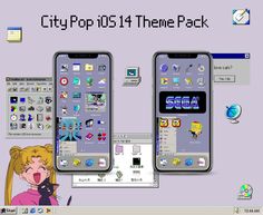 two cell phones with cartoon characters on them and the text city pop 1014 theme pack