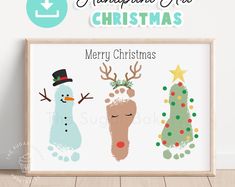 a christmas poster with three different types of reindeers and snowmen in front of it