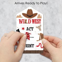 someone is holding up a card with the words wild west act and an image of a cowboy hat on it