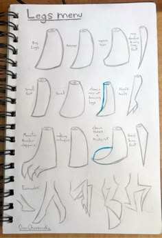 an open notebook with drawings of leg shapes and how to draw them on it's page