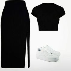 Basic black crop top with a black basic black side slit skirt and a pair of white platform sneakers #blacklongskirt #blackoutfitideas #blackoutfit #slitskirt #sideslitdress #blackcroptop #womeneverydayfashion #whitesneakers #pencilskirt #collegegirloutfit #allblackoutfit #casualsummeroutfit #casualoutfitforwomen #slitdress #womenoutfit #womenfashionideas #chicoutfit #basicoutfitforwomen #basicoutfit White Platform Sneakers, Mode Zara, Fashion Top Outfits, Fashion Vocabulary, Casual Preppy Outfits, White Platform, Black Crop Top, Black Side