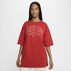 Baggy and spacious, this soft tee is perfect for when you want to rock an oversized look but still be comfy. Heavyweight cotton fabric with clean and classic branding make it an easy pick to pair with your favorite leggings or shorts. Nike Oversized Crew Neck T-shirt, Nike Red Graphic Tee, Red Oversized Sporty T-shirt, Nike University Red Crew Neck T-shirt, Affordable Red Nike T-shirt, Classic Branding, Nike Shirt, Favorite Leggings, Nike T