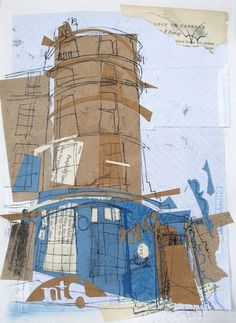 a drawing of a building with blue paint and brown paper on the front, in an abstract manner