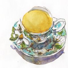 a watercolor painting of a tea cup and saucer