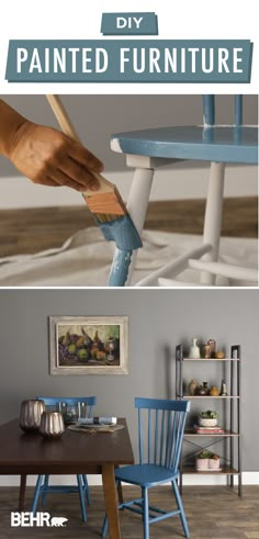 the before and after shots of painting furniture in blue, with text overlay that reads diy painted furniture