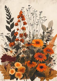 an artistic painting of flowers and leaves on a white background with brown, orange, yellow and red colors