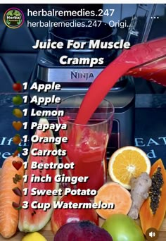 the juice for muscle cramps is being poured into a glass next to fruits and vegetables