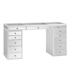 a mirrored desk with five drawers and two sinks on each side, in front of a white background