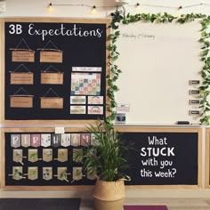 a blackboard with white writing on it next to a potted plant and bulletin board