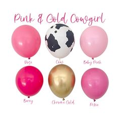 pink and gold balloons with the names of each balloon in different colors are shown on a white background