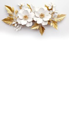 white flowers and gold leaves on a white background