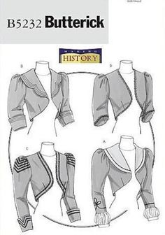 Here is a wonderful, Victorian costume pattern for a Spanish or bolero style jackets. It is a Making History pattern by Butterick 5232, Misses sizes 6 to 12. Pattern includes four styles of a fitted, lined jacket with neckline and sleeve variations, front darts and princess seams in back. Size 14-20 Uncut, Factory Folded.  Envelope has light shelf wear and small tears due to storage SHIPPING:  Shipping charges will apply to the first pattern purchased.  Any additional patterns purchased on the same invoice will ship for free.  The cart will reflect a flat shipping rate. Victorian Jacket, Sewing Costumes, Steampunk Jacket, Sleeve Variations, Historical Sewing, Costume Sewing, Costume Sewing Patterns, Victorian Costume, Jacket Pattern Sewing