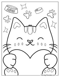 a coloring page with a cat holding a heart